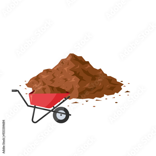 Pile of soil and a wheelbarrow with dirt. Brown ground heap in flat style. Vector illustration isolated on a white background. Clipart for construction, agricultural, gardening designs.