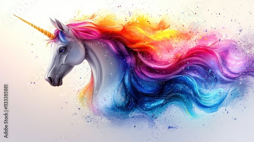 Colorful Unicorn Illustration with Bright Mane and Mystical Aura on a Soft Background in a Digital Artistic Style