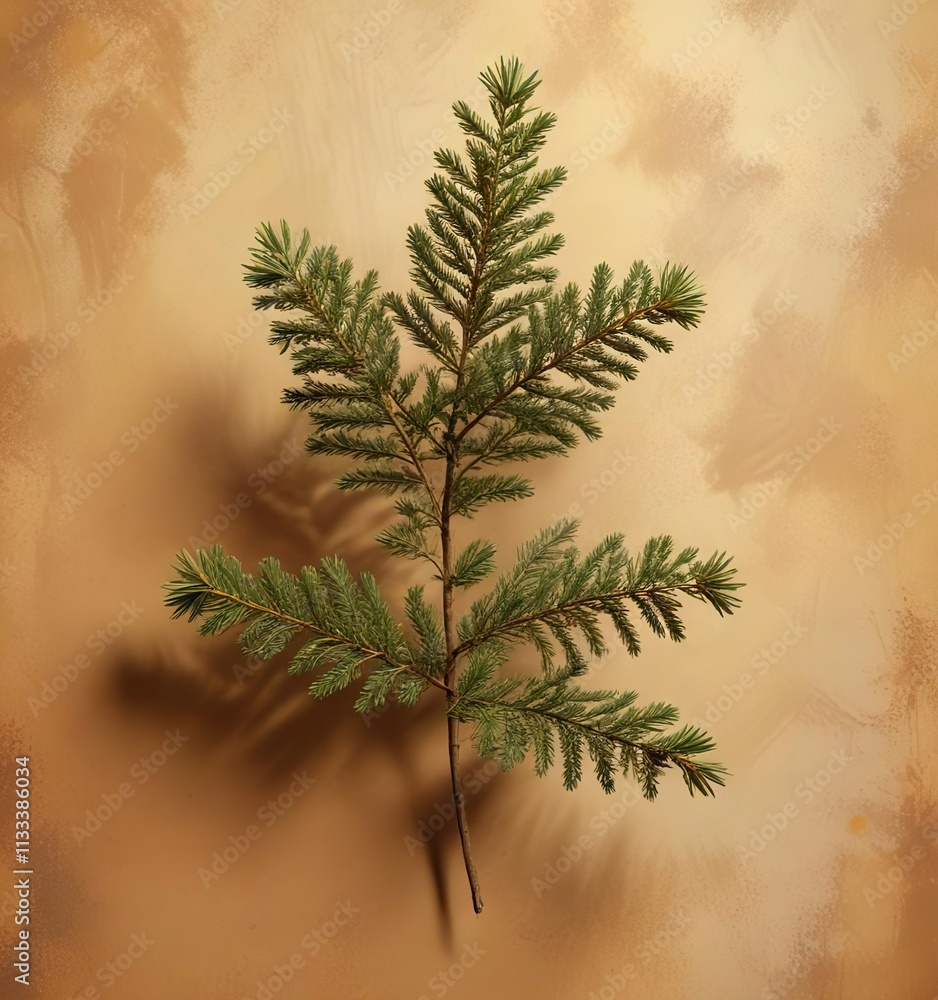 Fototapeta premium Fir branch arrangement against a warm, golden brown abstract background, foliage, cozy, forest