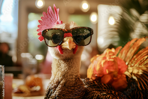 Quirky Thanksgiving turkey wearing sunglasses in a playful setting. 4k image