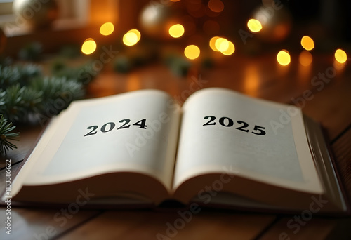 An open book rests on a wooden table surrounded by holiday decor, with Year 2024 on one page and Year 2025 appearing on the next, slightly turning page. photo