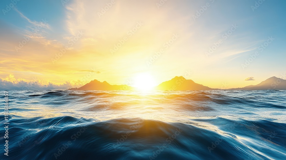 Fototapeta premium Vibrant sunset over ocean waves and silhouettes of distant mountains.