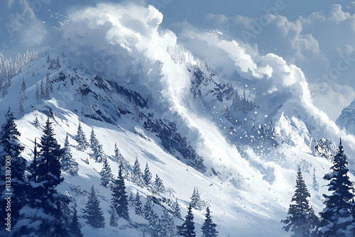 Snow avalanche sweeping down a mountain, endangering the forest in the winter season. illustrations
