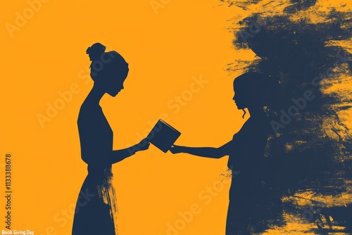 Silhouette of two females exchanging a book on book giving day photo