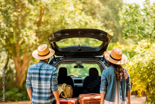 People arranging bags in car trunk, getting set for holiday journey. photo