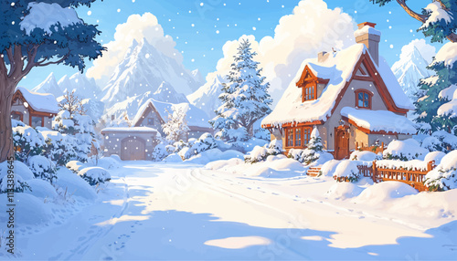 A picturesque snowy cottage in a tranquil mountain village surrounded by snow-covered trees, under a bright blue sky, embodying the peaceful charm of winter landscapes.