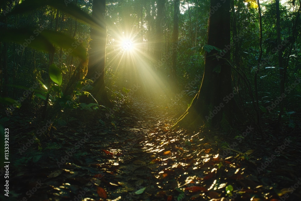 Obraz premium Sun rays illuminate a forest path, creating a magical, serene atmosphere in the lush green canopy.