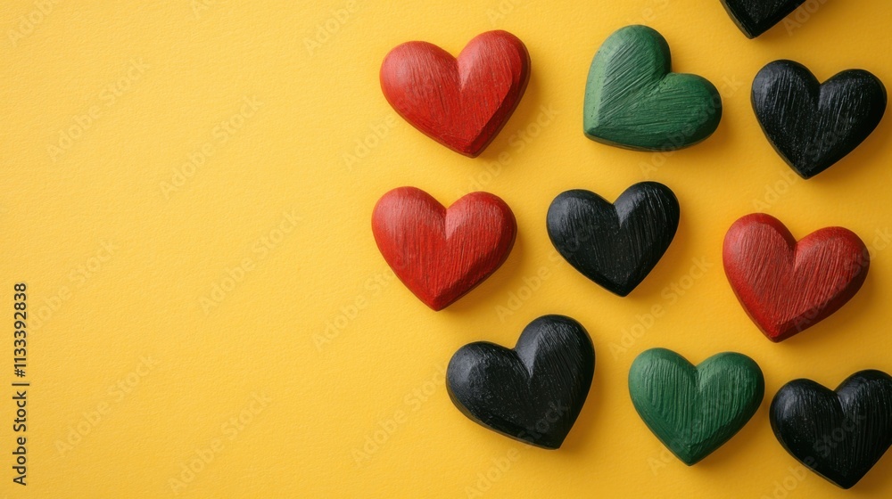 Obraz premium Juneteenth hearts in red, green, and black arranged on yellow for promotional use