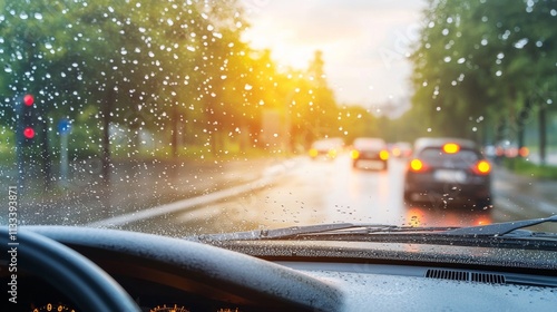 A close-up view of a car window as rainwater pours in, soaking the seats and interior, emphasizing nature's destructive potential. photo