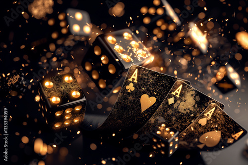 
A stylish casino banner with a sophisticated black and gold theme, featuring elegant images of high-stakes poker games, crystal-clear dice, and royal flush cards, with an upscale font for the casino