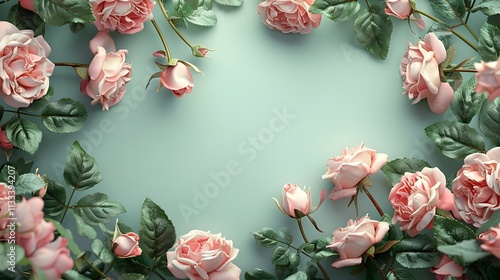 Pink roses with green leaves arranged on a pastel green background. Floral composition for romantic designs, greeting cards, invitations, and decorative projects


