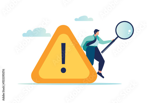 Root cause analysis or problem solving, a businessman with a magnifying glass tracks and investigates an incident with an exclamation mark, vector illustration