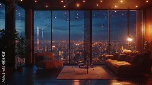 A Modern Penthouse Living Room Bathed in the Warm Glow of Sunset, Featuring Floor-to-Ceiling Windows with a Panoramic City View

 photo