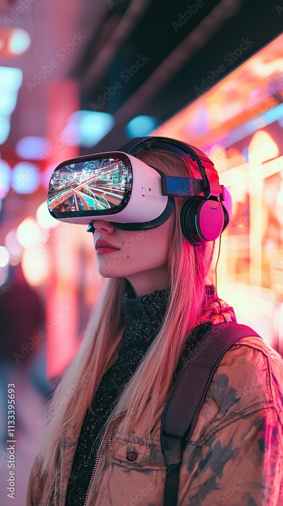 Obraz premium Immersive virtual reality experience in a vibrant urban setting