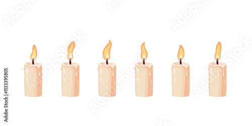 Candle animation. Steps of burning fire. Set of icons for video. Effect of moving flame. Christmas or holiday decoration. Vector illustration isolated on a white background in flat style.