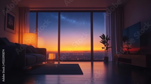 A Modern Penthouse Living Room Bathed in the Warm Glow of Sunset, Featuring Floor-to-Ceiling Windows with a Panoramic City View

 photo