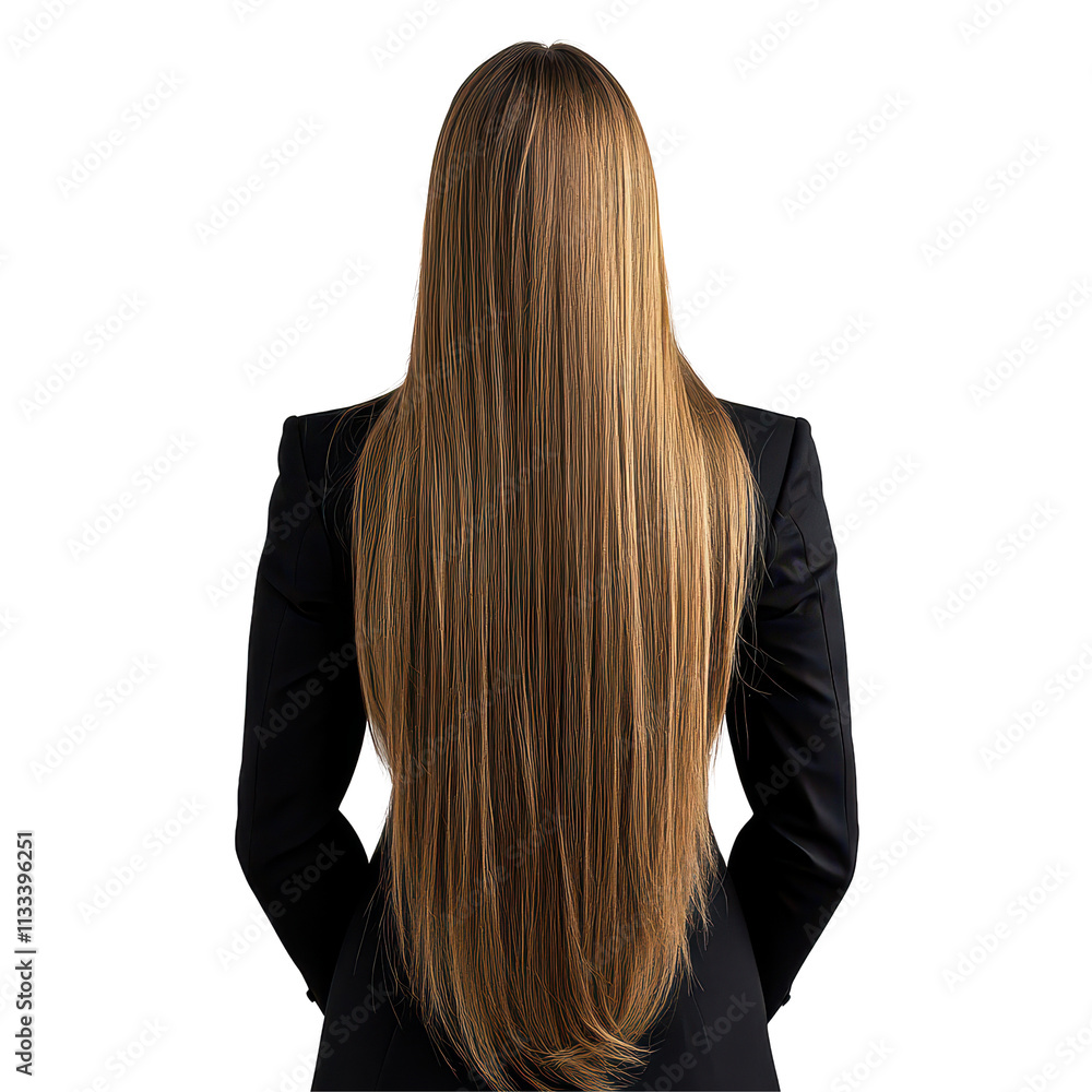 Naklejka premium Business woman with long hair facing transparent background, poised and confident in professional attire, Back View Business Woman with Long Hair on transparent background