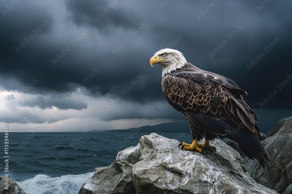Fototapeta premium Majestic bald eagle perched on a rocky outcrop overlooking a stormy sea.