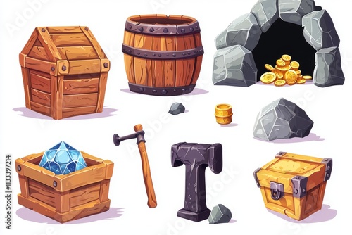 Animated Game Artifacts, Wooden Chest, Barrel, House, and Further Items photo