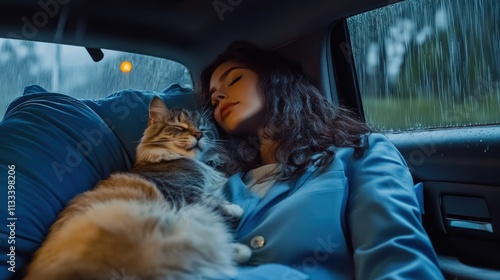 Wallpaper Mural Woman in blue suit sleeping in car with cat. Torontodigital.ca