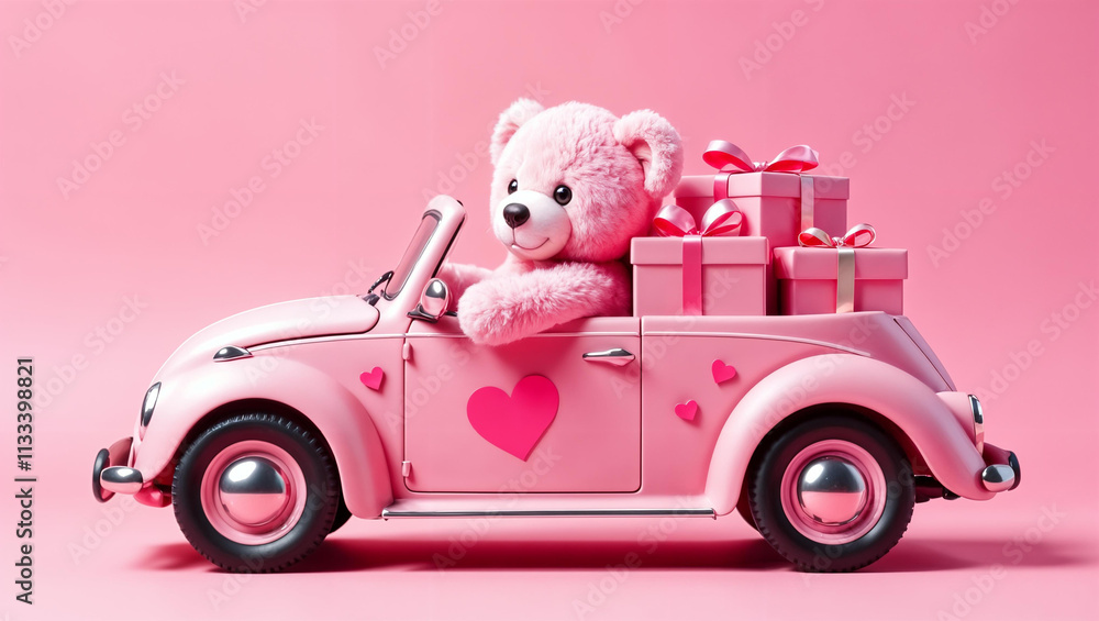 A cheerful teddy bear driving a bright pink car, ideal for Valentines Day gifts for kids and families
