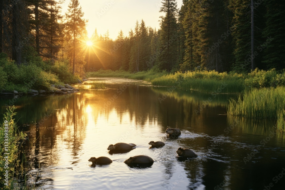 Fototapeta premium Serene sunset over tranquil river with gentle ripples and wildlife among lush trees in a peaceful landscape