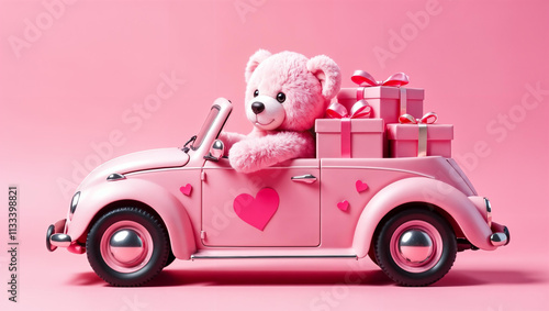 Obraz na płótnie A cheerful teddy bear driving a bright pink car, ideal for Valentines Day gifts for kids and families w salonie