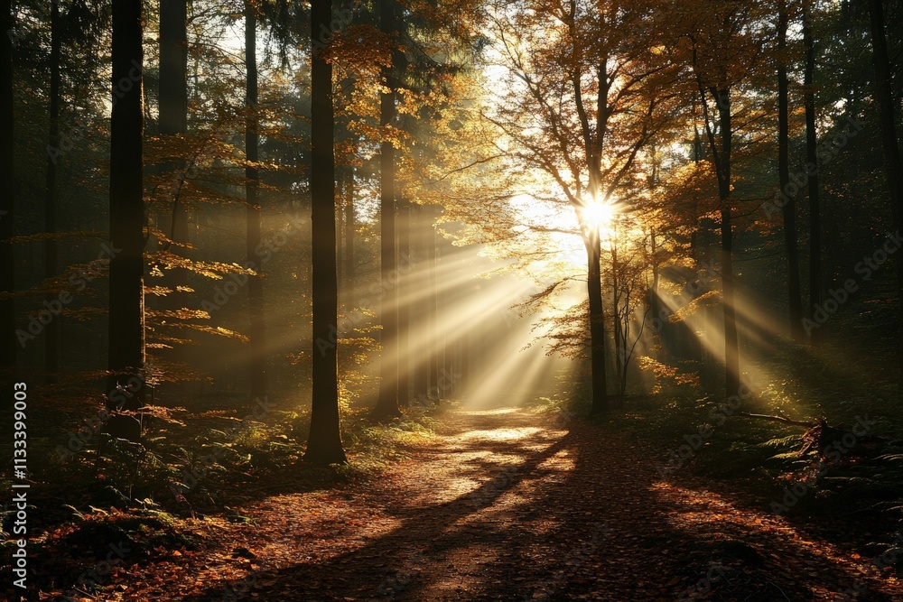 Fototapeta premium Sunlight filters through trees in a serene forest pathway during autumn morning