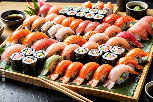 wooden tray filled with a variety of sushi and chopsticks on top table the is different types including nigiri maki temaki rolls as well other food items such vegetables fruits sauces are placed photo