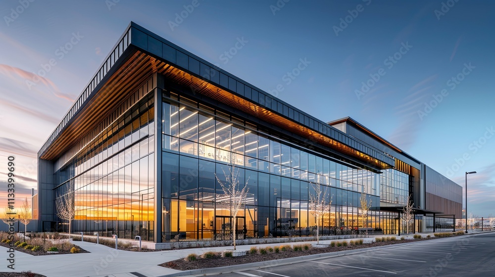 Obraz premium Modern Glass-Faced Corporate Office Building at Sunset