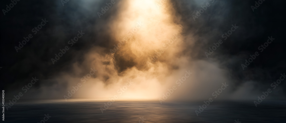 Fototapeta premium explosion of smoke floating up in dark interior; astonishing background for advertising with copy space; no people, no objects