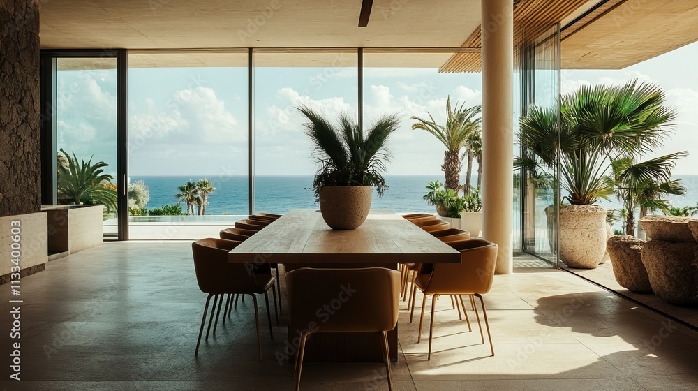 Fototapeta premium Aesthetic modern minimalist dining room with a wooden table,soft brown chairs and ocean view from the panoramic windows. Plants in a stone pots.