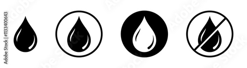 Water drop shape. Water droplets icon collection in the circle. Set of no water drop sign symbol.