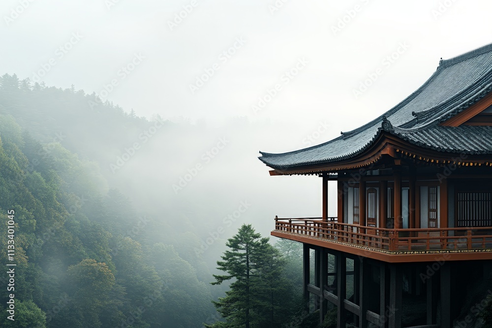 Obraz premium Serene mountain retreat showcasing traditional architecture surrounded by misty forests