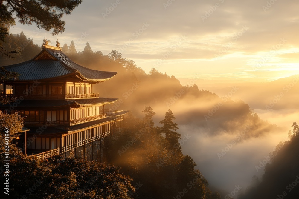 Obraz premium Sunrise illuminates traditional architecture in misty mountain landscape