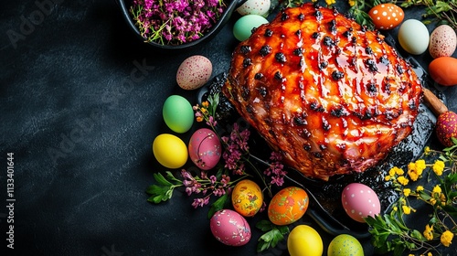 Baked ham with a honey glaze for Easter with colorful eggs, festive family gathering