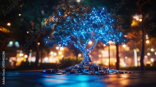 Radiant Recycled Electronic Tree Displaying Innovation in E-Waste Recycling photo