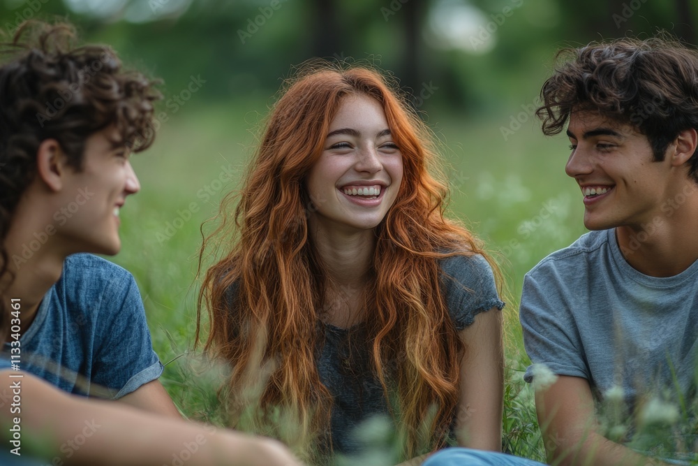 A group of friends wearing blue jeans, sitting together outdoors in a grassy field, laughing and enjoying the moment. Generative AI A group of friends wearing blue jeans, sitting together outdoors in a grassy field, laughing and enjoying the moment. Generative AI