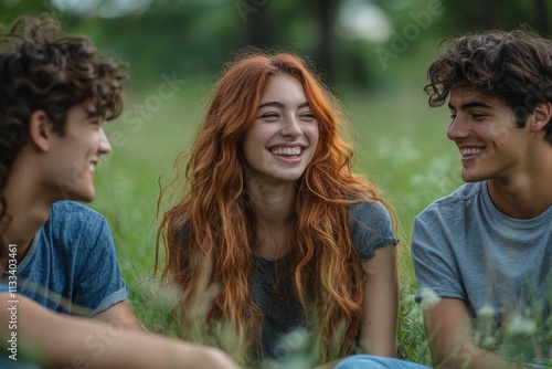 A group of friends wearing blue jeans, sitting together outdoors in a grassy field, laughing and enjoying the moment. Generative AI