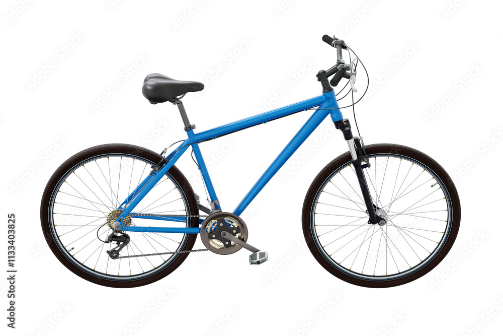 Obraz premium Blue bicycle, side view. Black leather saddle and handles. Png clipart isolated on transparent background