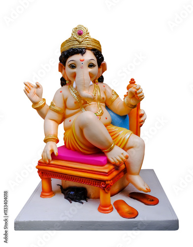 Hindu God Ganesha on white background, Ganesha Idol. Ganesh festival. photo