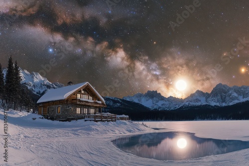 A cozy mountain chalet surrounded by snow, under a breathtaking, galaxy-filled night sky with the full moon reflecting on nearby frozen lake. photo