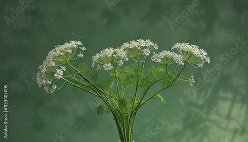 Minimalistic composition of a white dill peduncle on green background, composition, background