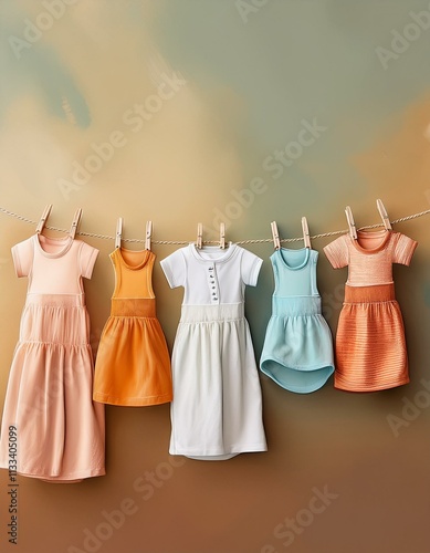 Adorable baby girl dresses hanging on a clothesline. photo