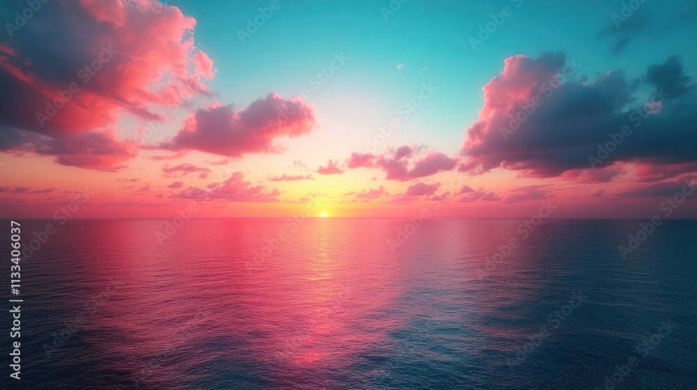 Fototapeta premium A serene sunset over calm ocean waters, showcasing vibrant colors in the sky.