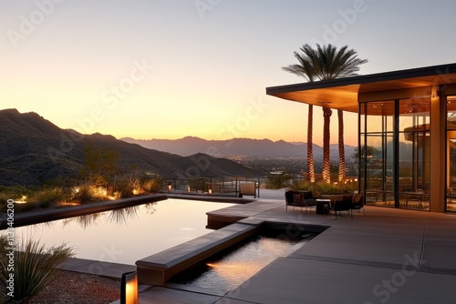 Sunset over modern desert home with pool and mountain backdrop in serene evening light