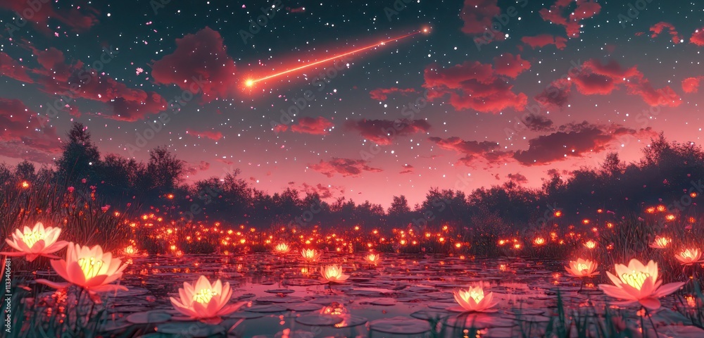 Fototapeta premium A dreamlike coral-hued night with a shooting star crossing above an enchanted meadow of glowing lilies and a pond reflecting the pastel sky.