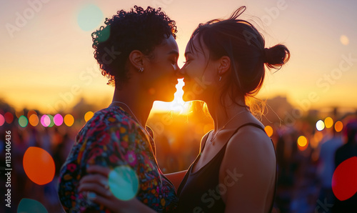 A candid photo of two non-binary individuals dancing at a sunset-lit outdoor festival. Celebrating lgbtq pride month joyful event in a colorful festival environment with friends at sunset photo