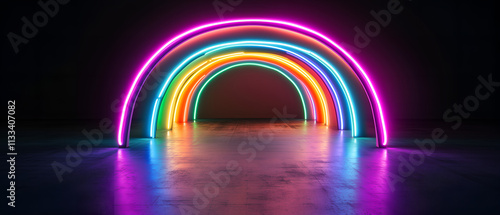 multicolored tunnel made of neon rainbow lightsin black interior; modern urban background photo