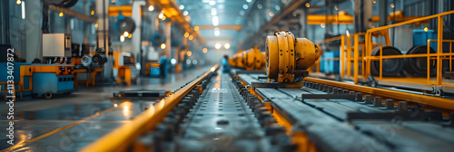 Industrial Factory Conveyor Belt System with Yellow Machinery, Detailed View of Automated Manufacturing Process